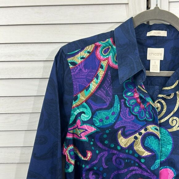 Chico's No Iron Shirt Size 1 Size 8 Blue With Vibrant Paisley Print - Picture 5 of 16